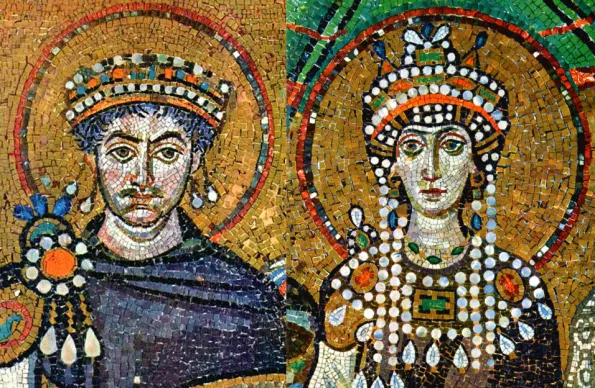 Mosaics from a church in Ravenna, Italy: Justinian on one wall faces Theodora opposite him - how romantic.
