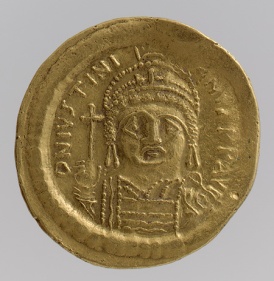 Justinian was the first emperor to have his image face-forward instead of in profile, the standard for all imperial coins after