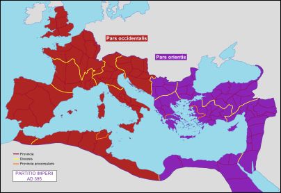 The Roman Empire: the red was conquered by various barbaric tribes, the purple was the empire passed on to Justinian and Theodora.